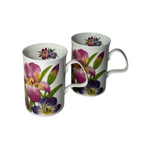 Roy Kirkham Iris Fine Bone China‎ Mugs Set of 2 England 1992 Floral Purple White